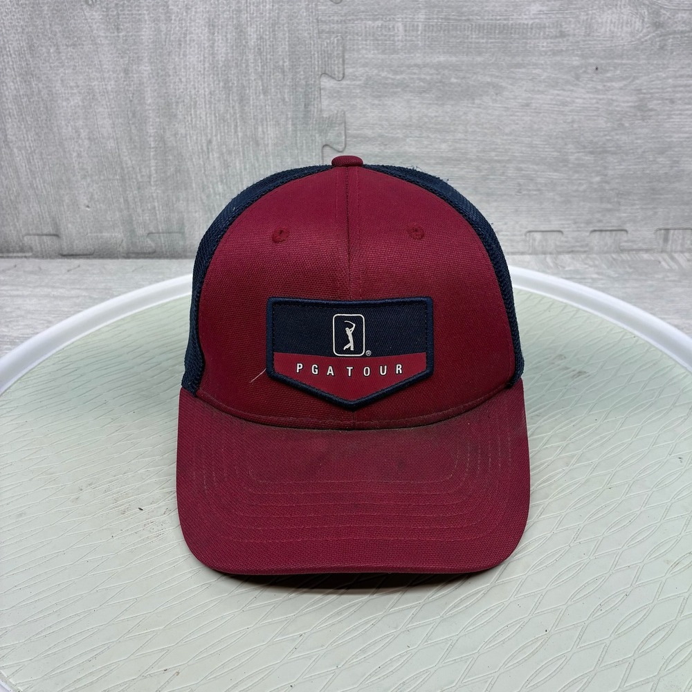 PGA Tour Trucker Hat Mens OSFA Burgundy Navy Blue Mesh Snapback Golf Cap